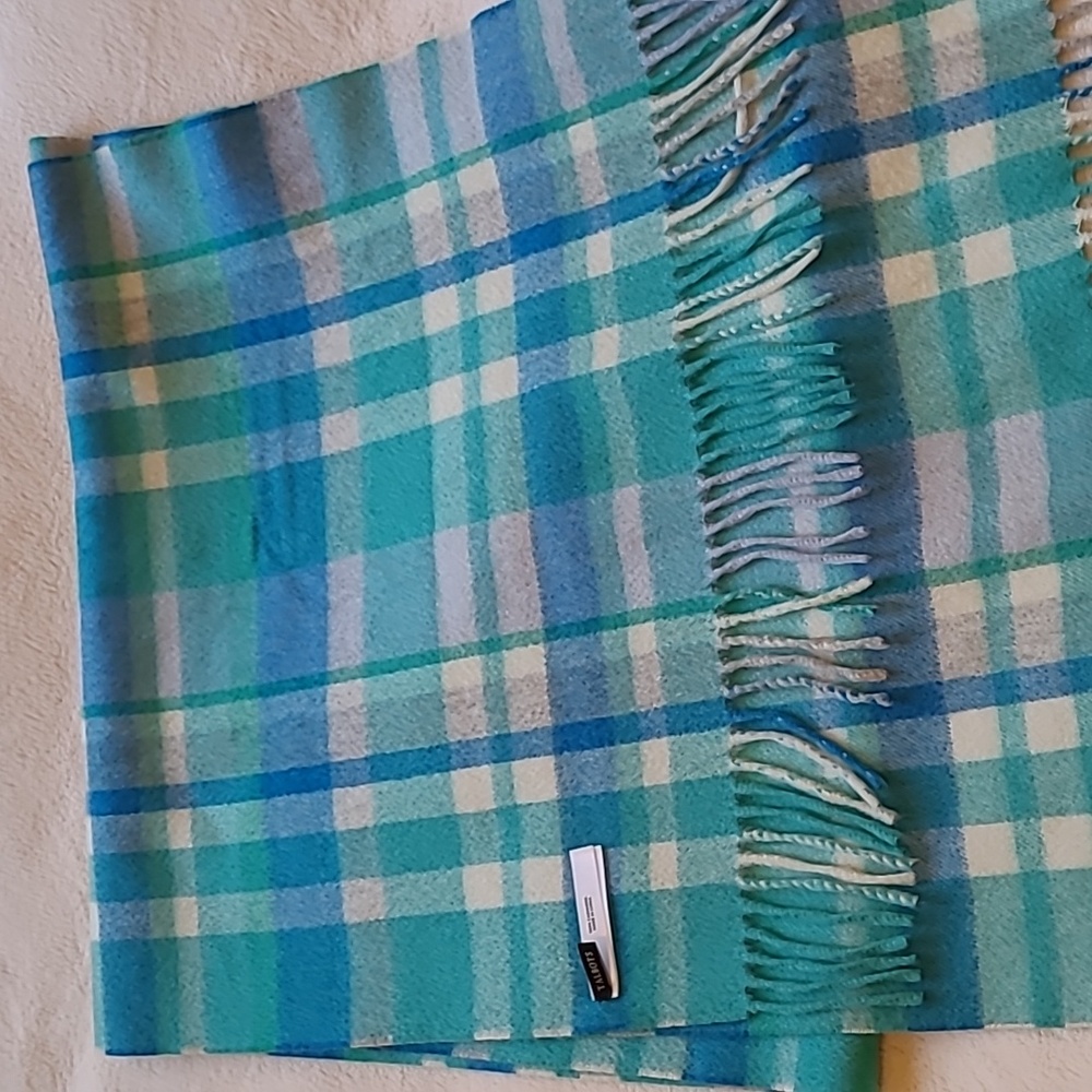 Talbots Turquoise Blue Plaid Fringe Scarf